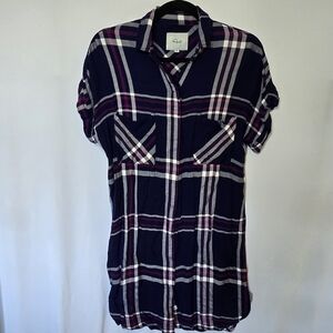 Rails Hayley Blue Orchid Plaid Button Down Mini Shirt Dress Short Sleeve, XS